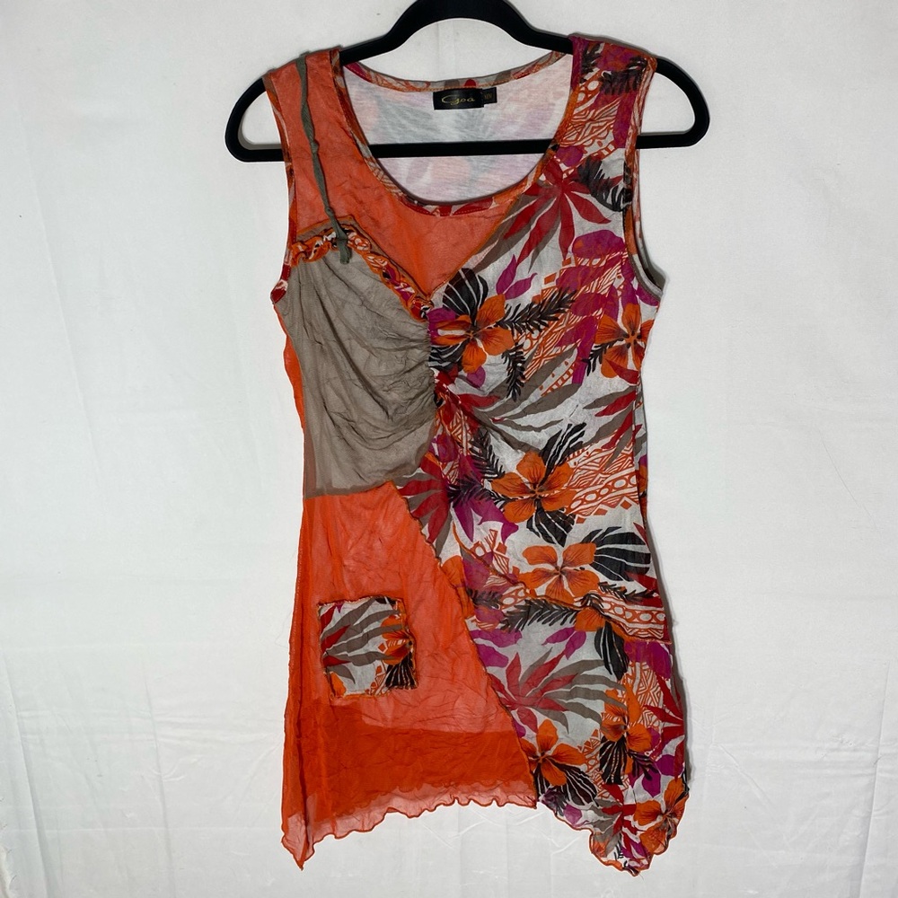 Vintage Y2K Goa Tropical Floral Print Sleeveless Asymmetrical Patchwork Blouse M